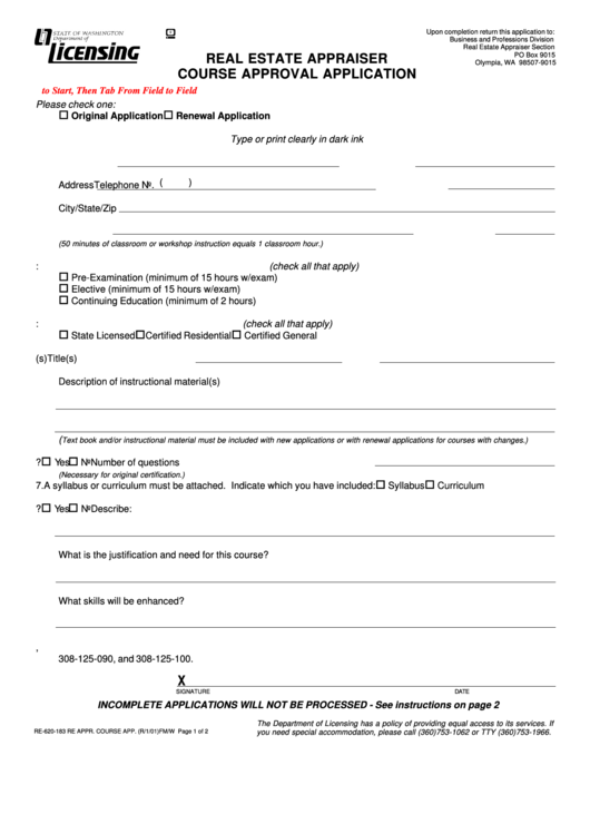 Fillable Form Re-620-183 - Real Estate Appraiser Course Approval Application Printable pdf