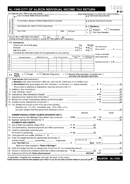 Form Al-1040 - City Of Albion Individual Tax Return Printable pdf
