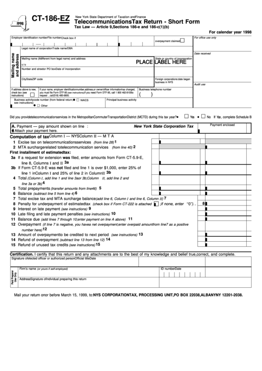 Form Ct-186-Ez - Telecommunications Tax Return - Short Form printable ...