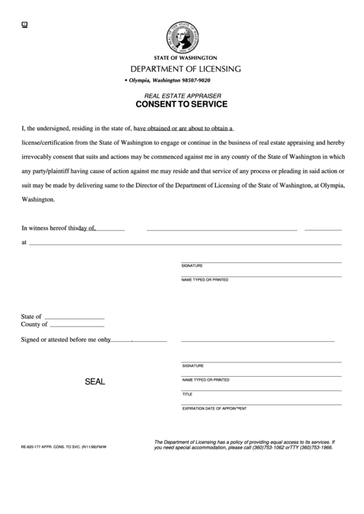 Form Re-620-177 - Real Estate Appraiser Consent To Service Printable pdf