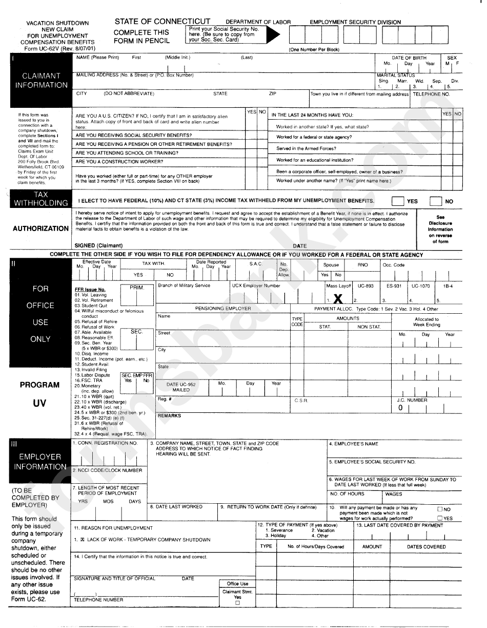 Form Uc-62v -Vacation Shutdown New Claim For Unemployment Compensation Benefits