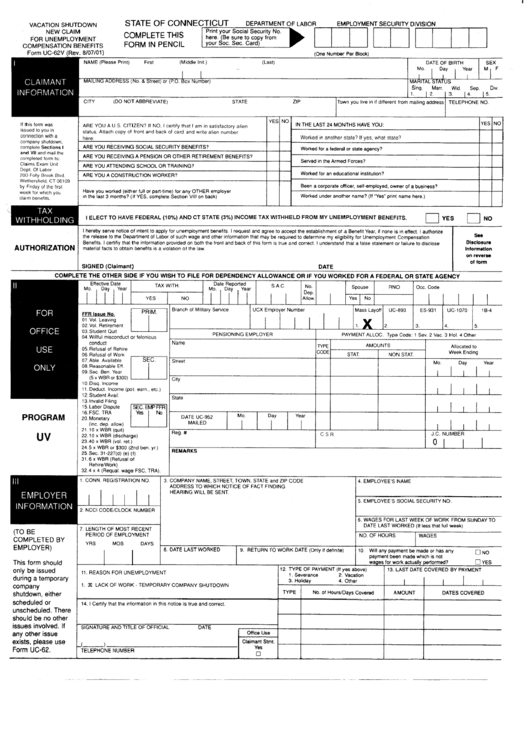 Form Uc-62v -Vacation Shutdown New Claim For Unemployment Compensation Benefits Printable pdf