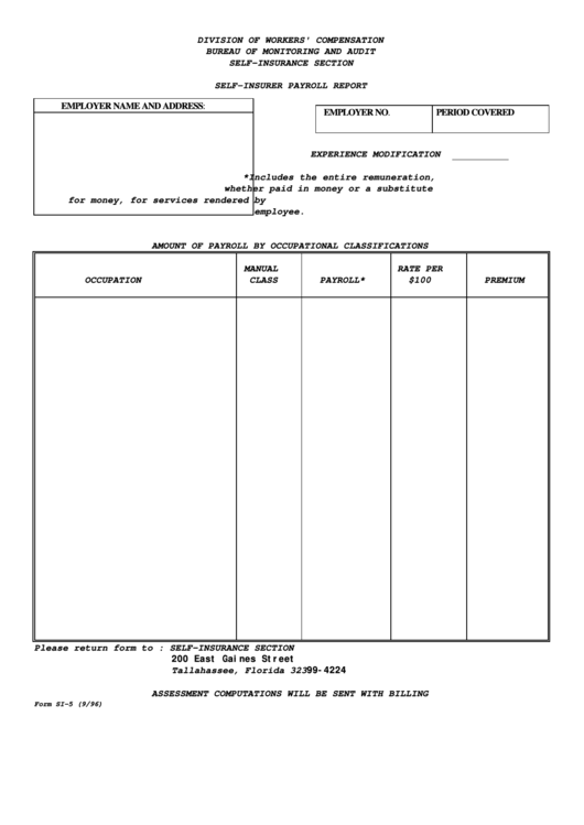 Form Si-5 - Self-Insurance Payroll Report Printable pdf