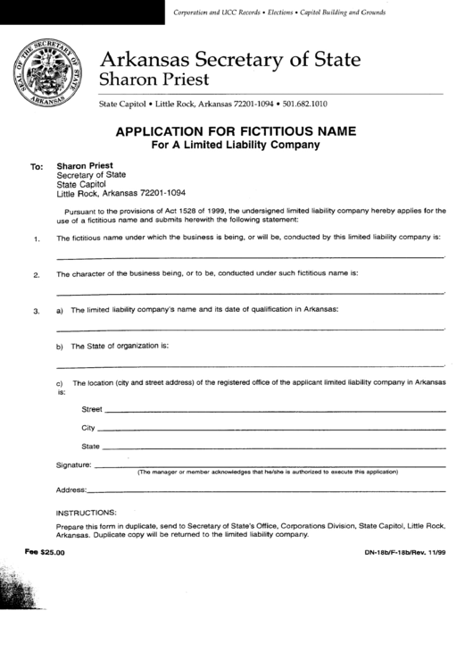 Form Dn-18b - Application For Fictitious Name For A Limited Liability Company - Arkansas Secretary Of State Printable pdf