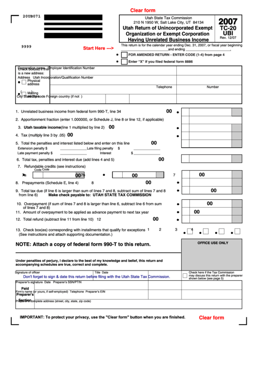 Fillable Form Tc-20 Ubi - Utah Return Of Unincorporated Exempt Organization Or Exempt Corporation Having Unrelated Business Income - 2007 Printable pdf