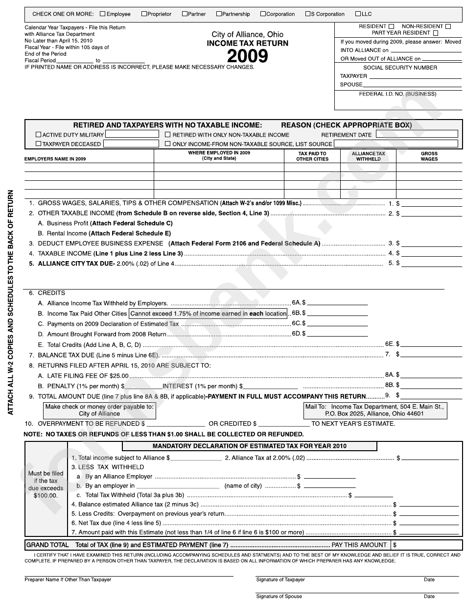 Income Tax Return Form - City Of Alliance - 2009