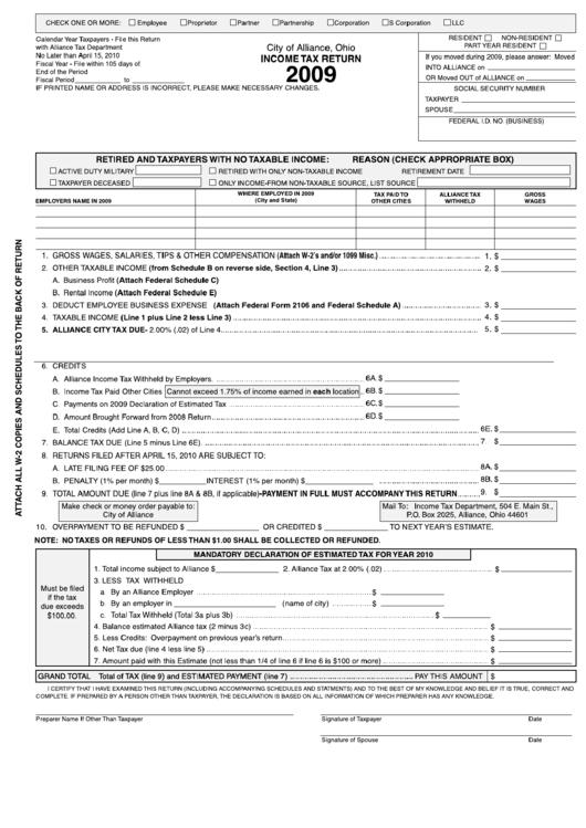 Income Tax Return Form - City Of Alliance - 2009 Printable pdf