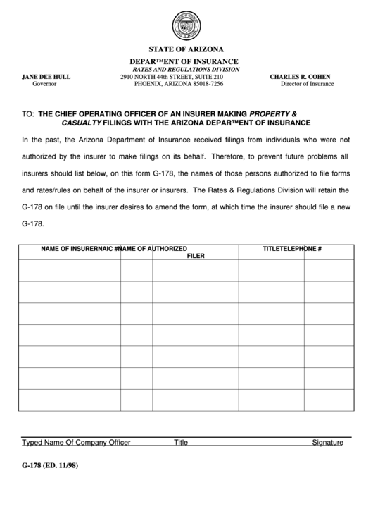 Form G-178 - The Chief Operating Officer Of An Insurer Making Property & Casualty Filings With The Arizona Department Of Insurance - State Of Arizona Department Of Insurance Printable pdf