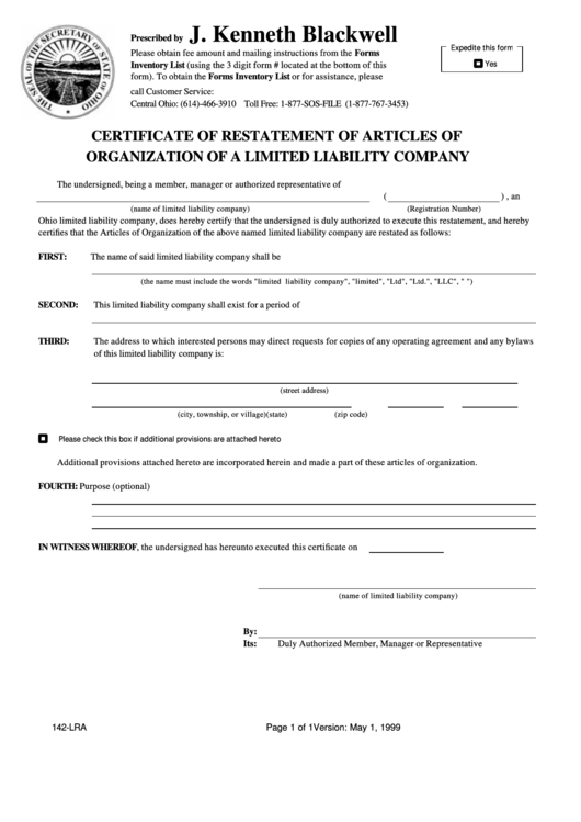 Form 142-Lra - Certificate Of Restatement Of Articles Of Organization Of A Limited Liability Company May 1999 Printable pdf