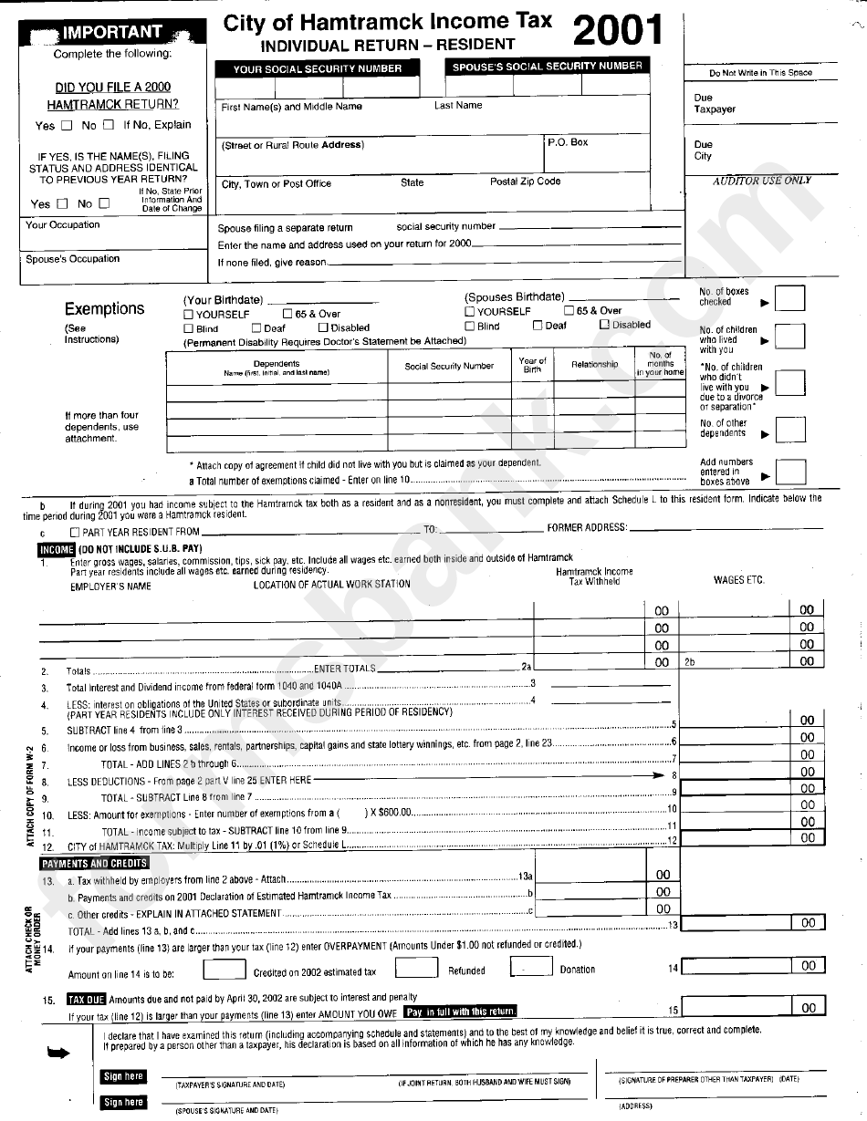 Individual Return Resident Tax Form City Of Hamtramck printable pdf