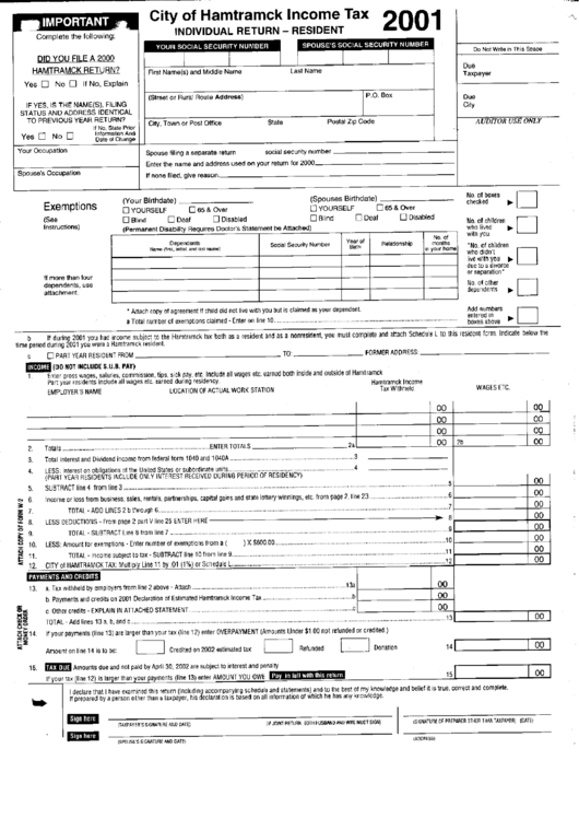 Individual Return - Resident Tax Form - City Of Hamtramck printable pdf ...