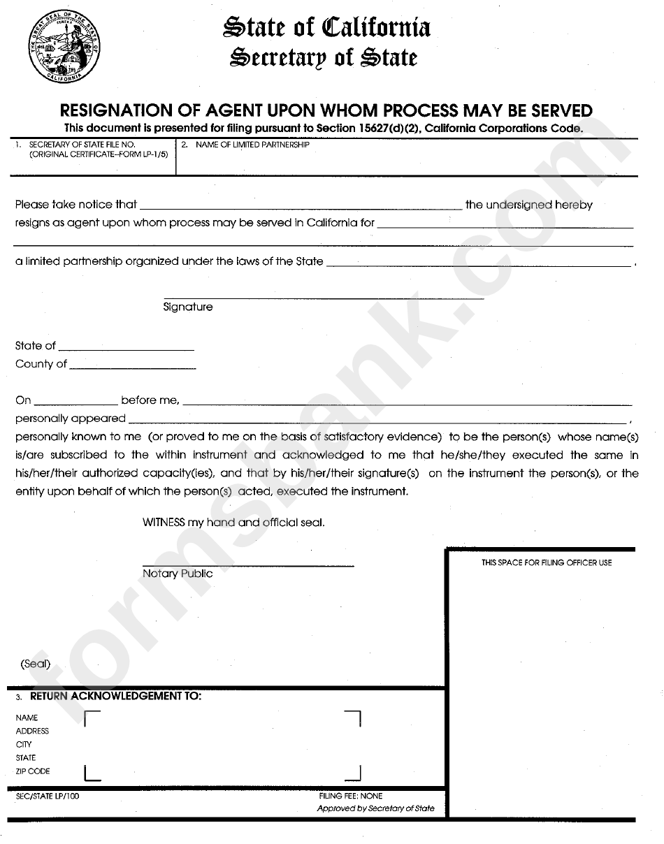 Form Sec/state Lp/100 - Resignation Of Agent Upon Whom Process May Be Served