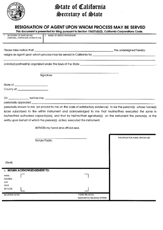 Fillable Form Sec/state Lp/100 - Resignation Of Agent Upon Whom Process May Be Served Printable pdf
