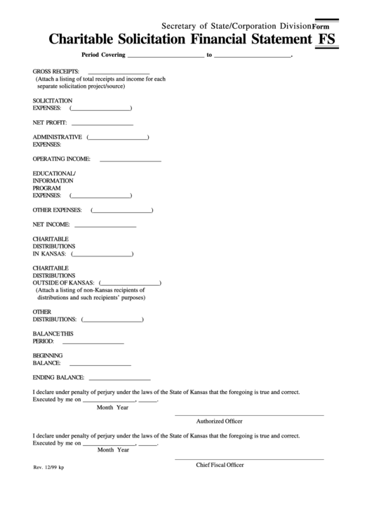 Form Fs - Charitable Solicitation Financial Statement - Kansas Secretary Of State Printable pdf