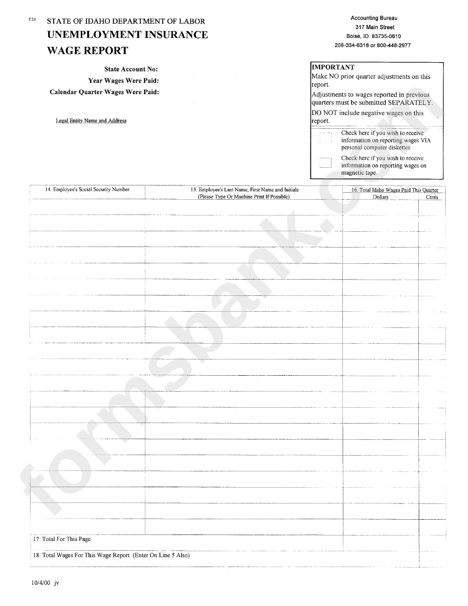 Form 26 - Unemployment Insurance Wage Report October 2000