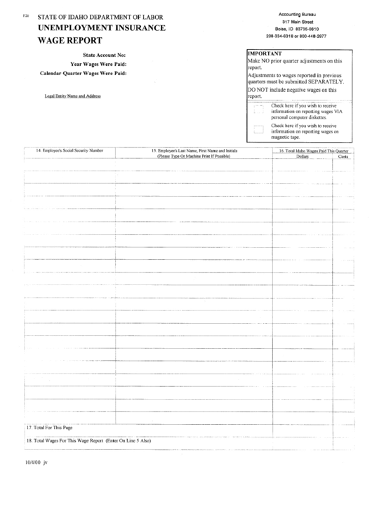 Form 26 - Unemployment Insurance Wage Report October 2000 Printable pdf
