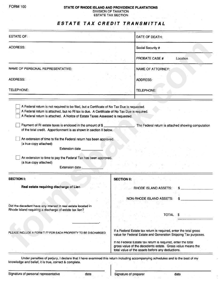 Form 100 - Estate Tax Credit Transmittal - Rhode Island Division Of Taxation