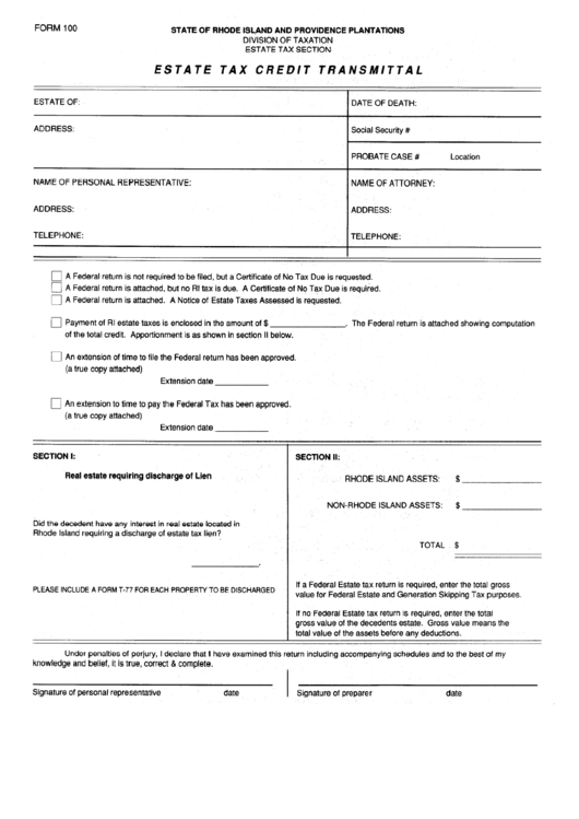 Form 100 - Estate Tax Credit Transmittal - Rhode Island Division Of Taxation Printable pdf