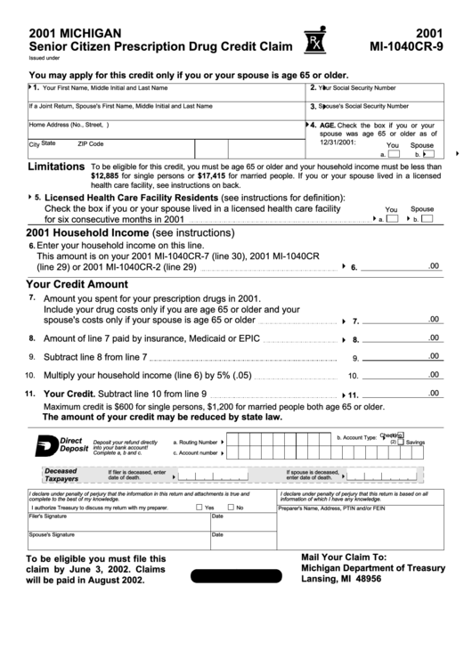 Form Mi-1040cr-9 - Senior Citizen Prescription Drug Credit Claim 2001 - Michigan Printable pdf