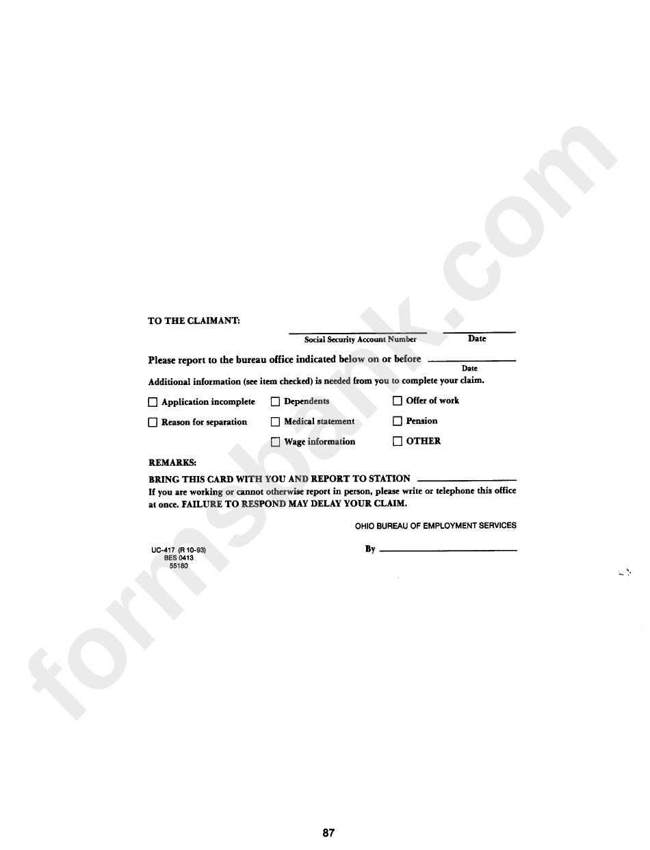 Form Uc-417 - To The Claimant October 1993
