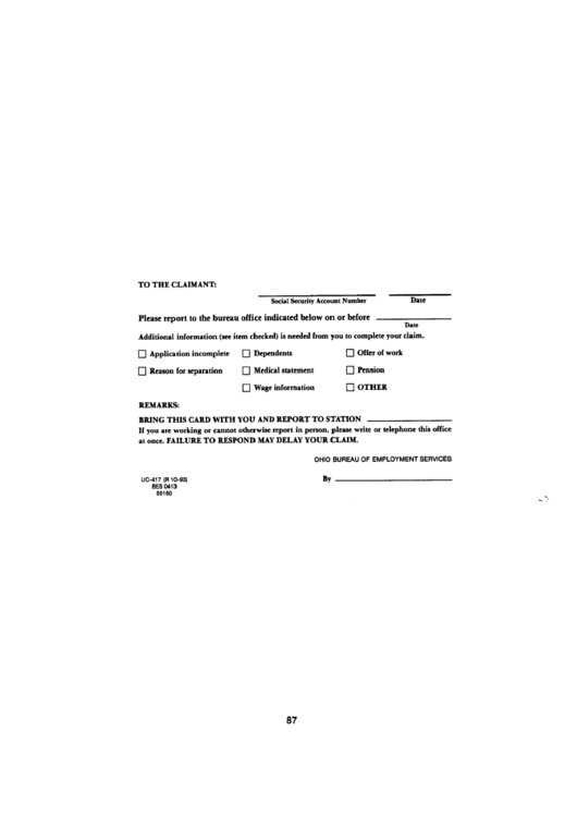 Form Uc-417 - To The Claimant October 1993 Printable pdf