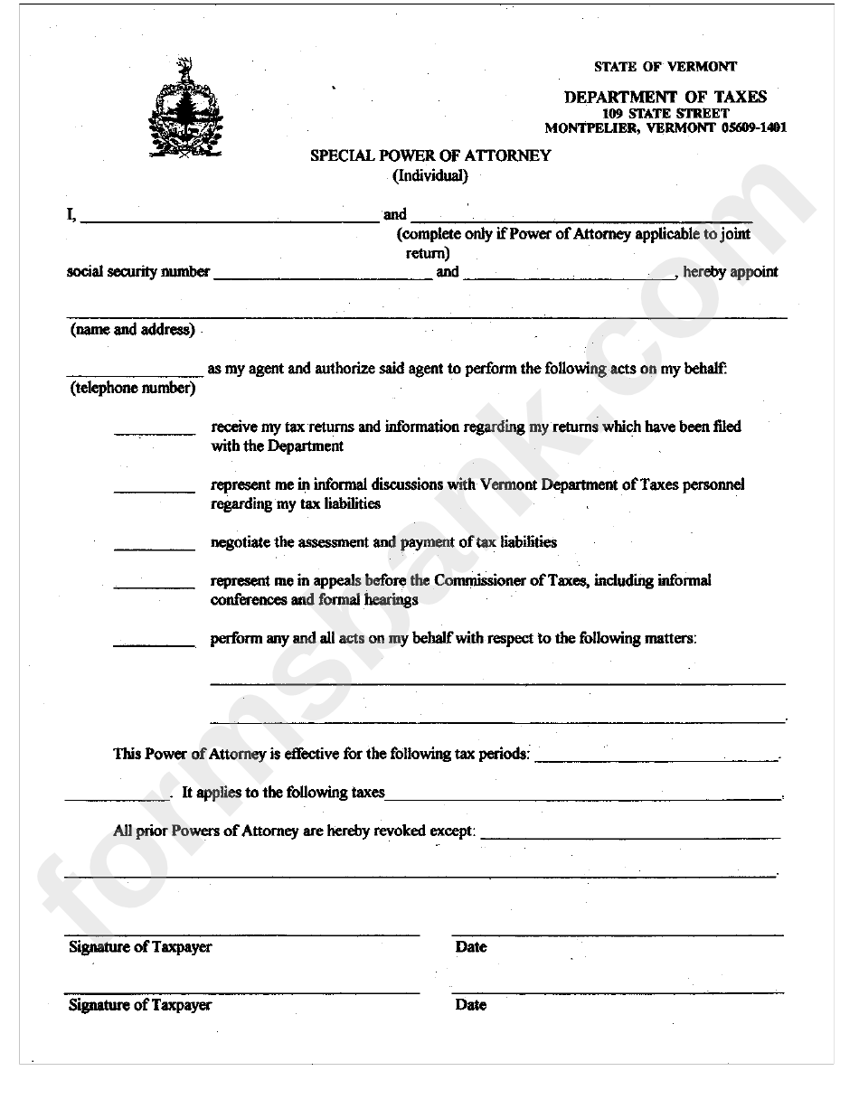 Special Power Of Attorney (Individual) Form