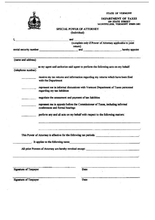 Special Power Of Attorney (Individual) Form Printable pdf
