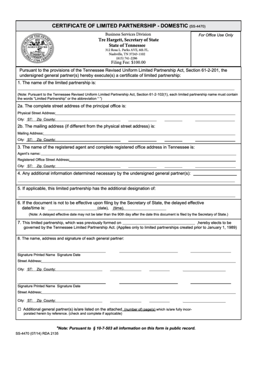 Form Ss-4470 - Certificate Of Limited Partnership - Domestic - Tennessee Secretary Of State