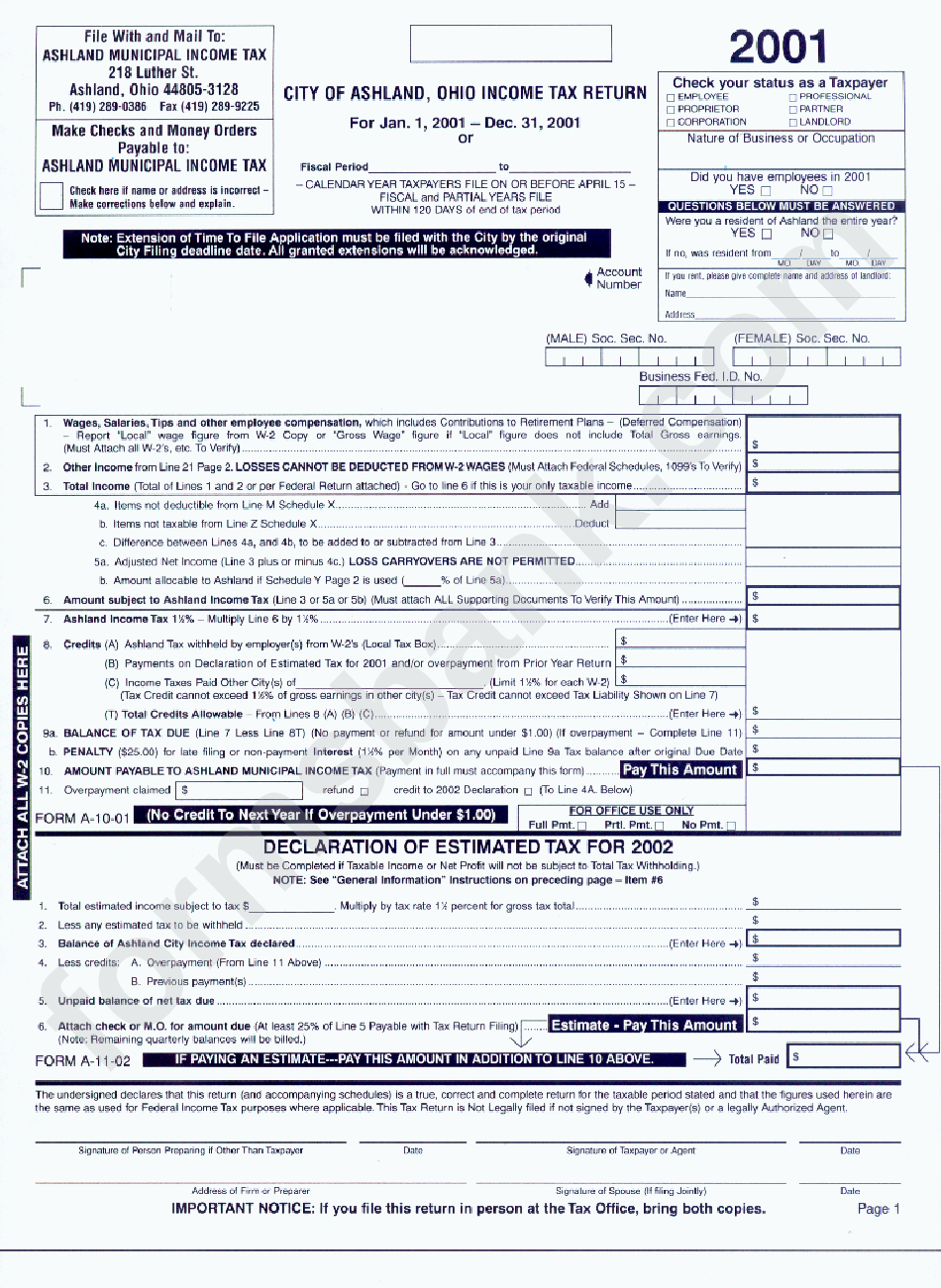 Income Tax Return Form 2001 - City Of Ashland