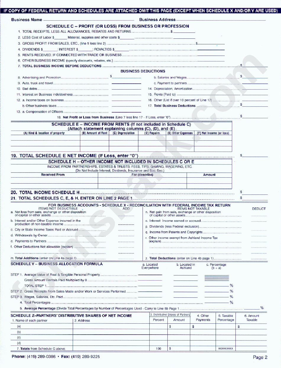 Income Tax Return Form 2001 - City Of Ashland