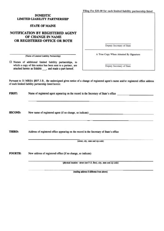 Formm Mllp-3b - Notification By Registered Agent Of Change In Name Or Registered Office Or Both - Maine Secretary Of State Printable pdf