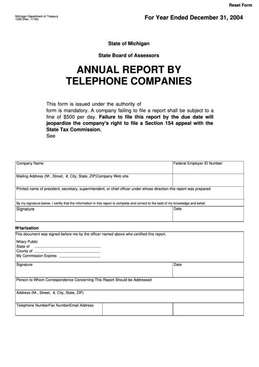 Fillable Annual Report By Telephone Companies Form - Michigan Department Of Treasury - 2004 Printable pdf