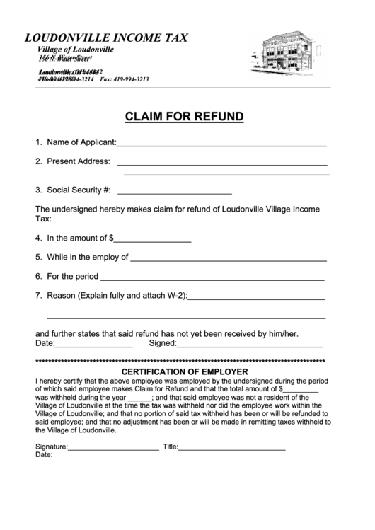 Claim For Refund Form Printable pdf
