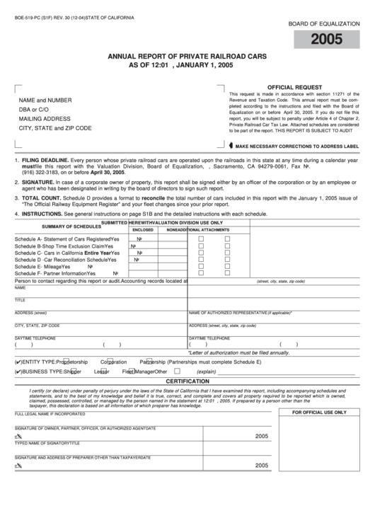 Fillable Form Boe-519-Pc - Annual Report Of Private Railroad Cars As Of 12:01 A.m., January 1, 2005 - California Board Of Equalization Printable pdf