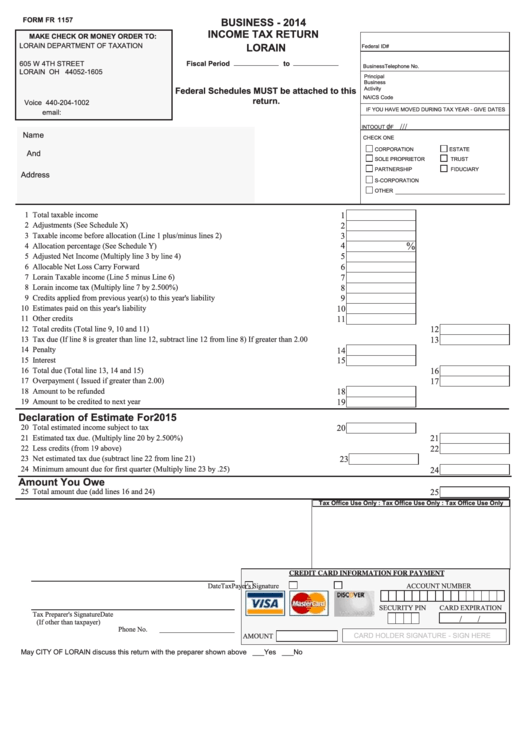 Form Fr 1157 - Business Income Tax Return - 2014 Printable pdf