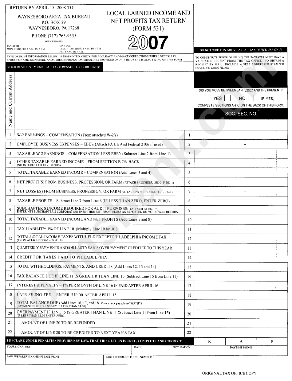 Form 531 Local Earned Income And Net Profits Tax Return 2007 Pennsylvania Printable Pdf Download