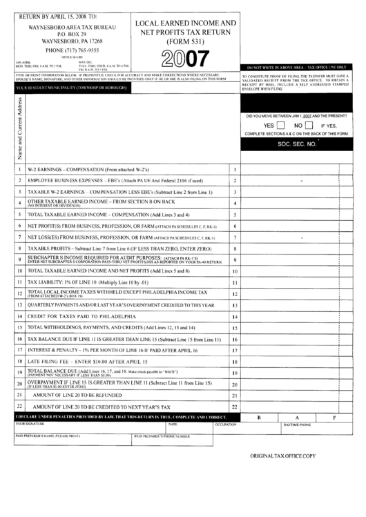 Form 531 - Local Earned Income And Net Profits Tax Return 2007 - Pennsylvania Printable pdf