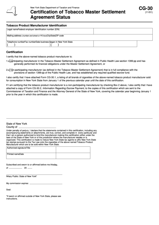 Form Cg-30 - Certification Of Tobacco Master Settlement Agreement Status November 2001 Printable pdf