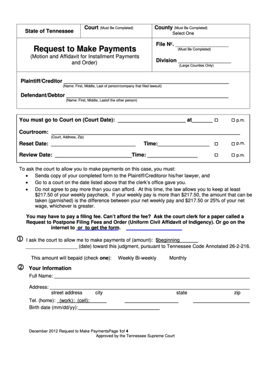 Fillable Request To Make Payments Form - Tennessee Printable pdf