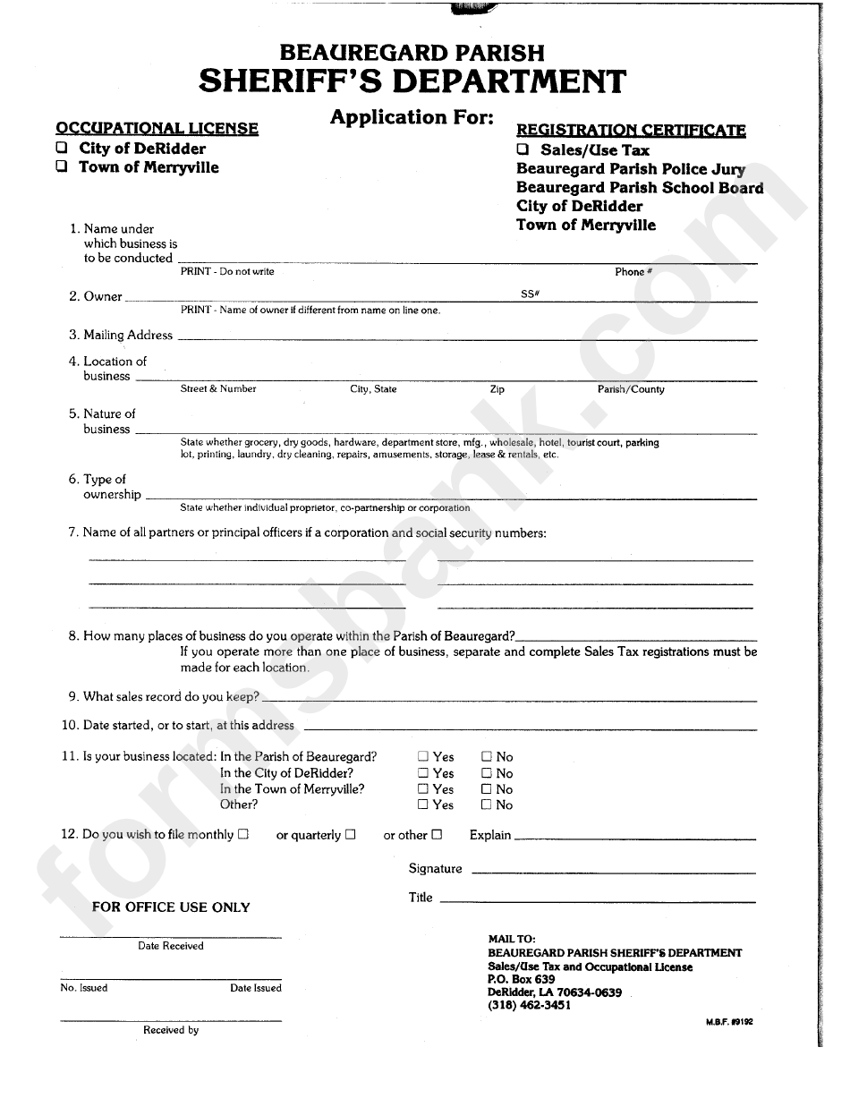 Form M.b.f. #9192 - Application For Occupational License/ Registration Certificate