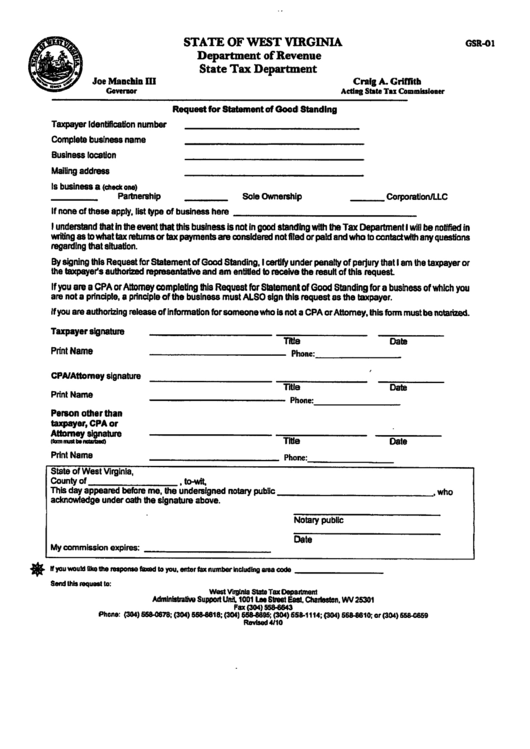 Form Gsr-01 - Request Of Statement Of Good Standing - State Tax Department - West Virginia Printable pdf