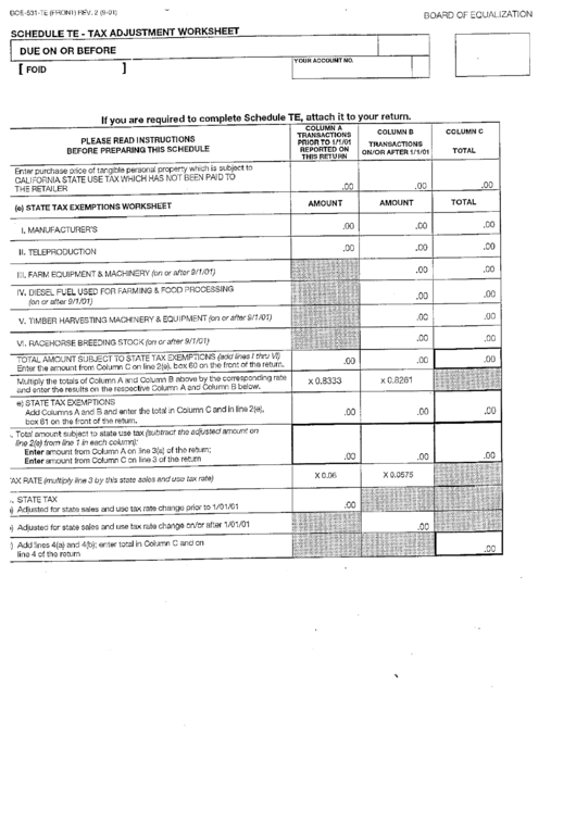Form Boe-531-Te - Tax Adjustment Worksheet Template Printable pdf
