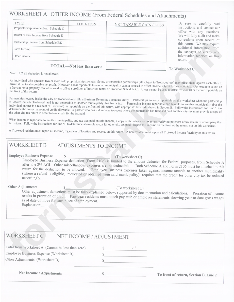 City Of Trotwood Income Tax Return Form - Ohio - 2007