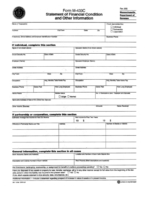 Form M-433c - Statement Of Financial Condition And Other Information September 1995 Printable pdf
