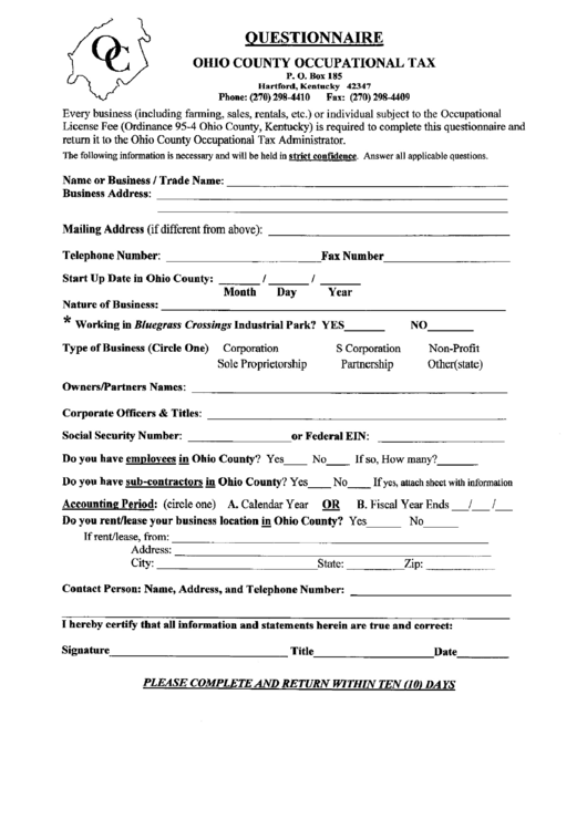 Questionnaire - Ohio County Occupational Tax Form Printable pdf