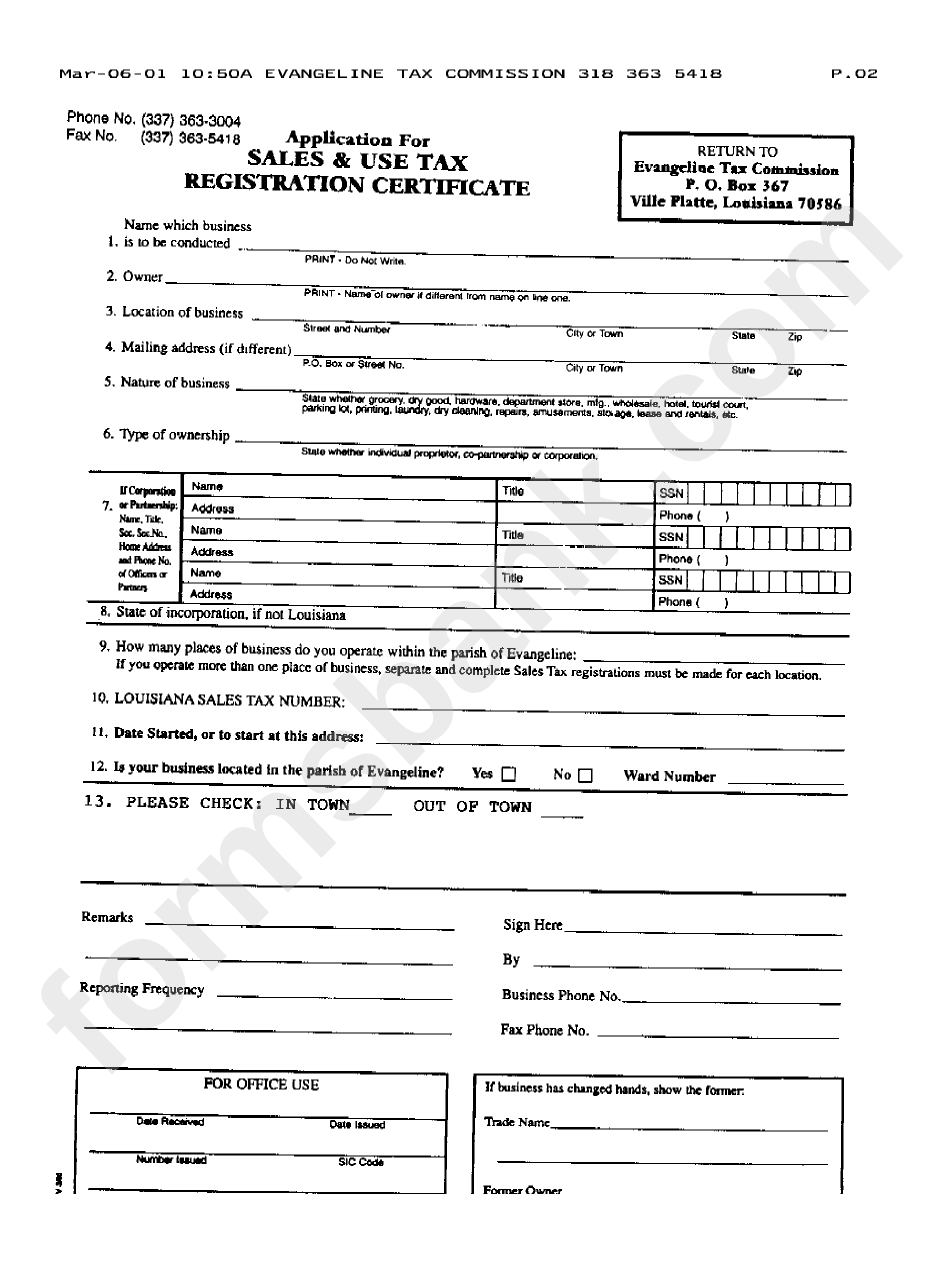 Form P.02 - Application For Sales & Use Tax Registration Certificate March 2001