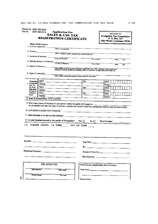 Form P.02 - Application For Sales & Use Tax Registration Certificate March 2001 Printable pdf