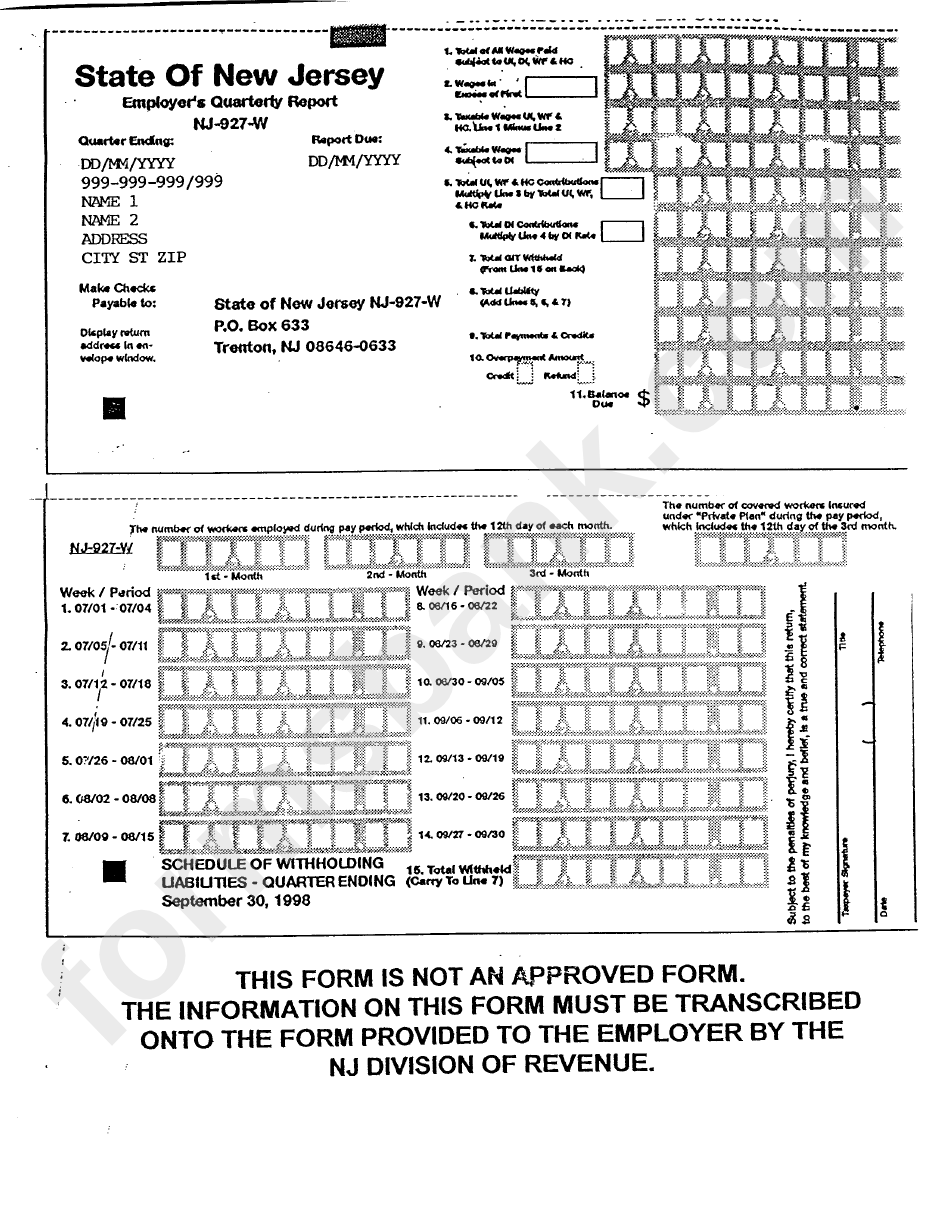 Form Nj 927 W Employer S Quarterly Report Printable Pdf Download