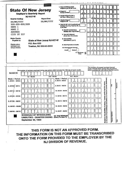 Form Nj 927 W Employer S Quarterly Report Printable Pdf Download