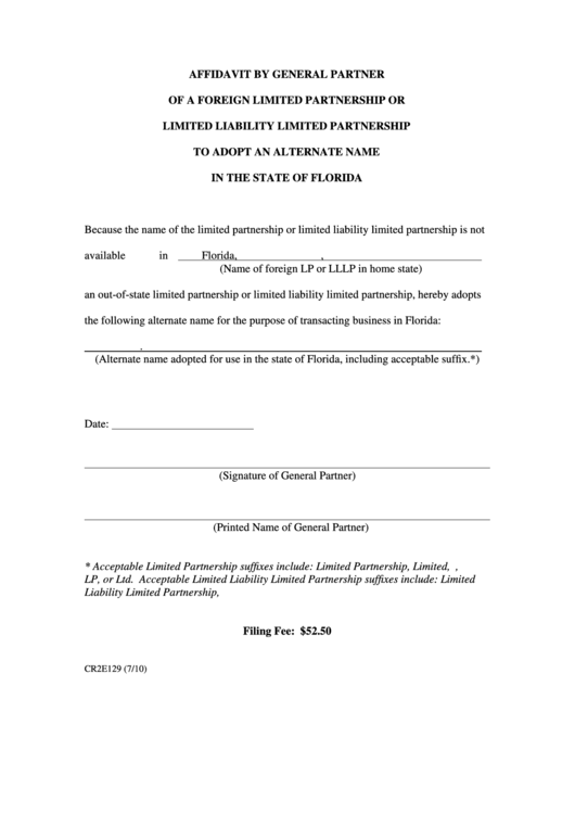 Fillable Affidavit By General Partner Of A Foreign Limited Partnership Or Limited Liability Limited Partnership To Adopt An Alternate Name In The State Of Florida Form - Florida Printable pdf